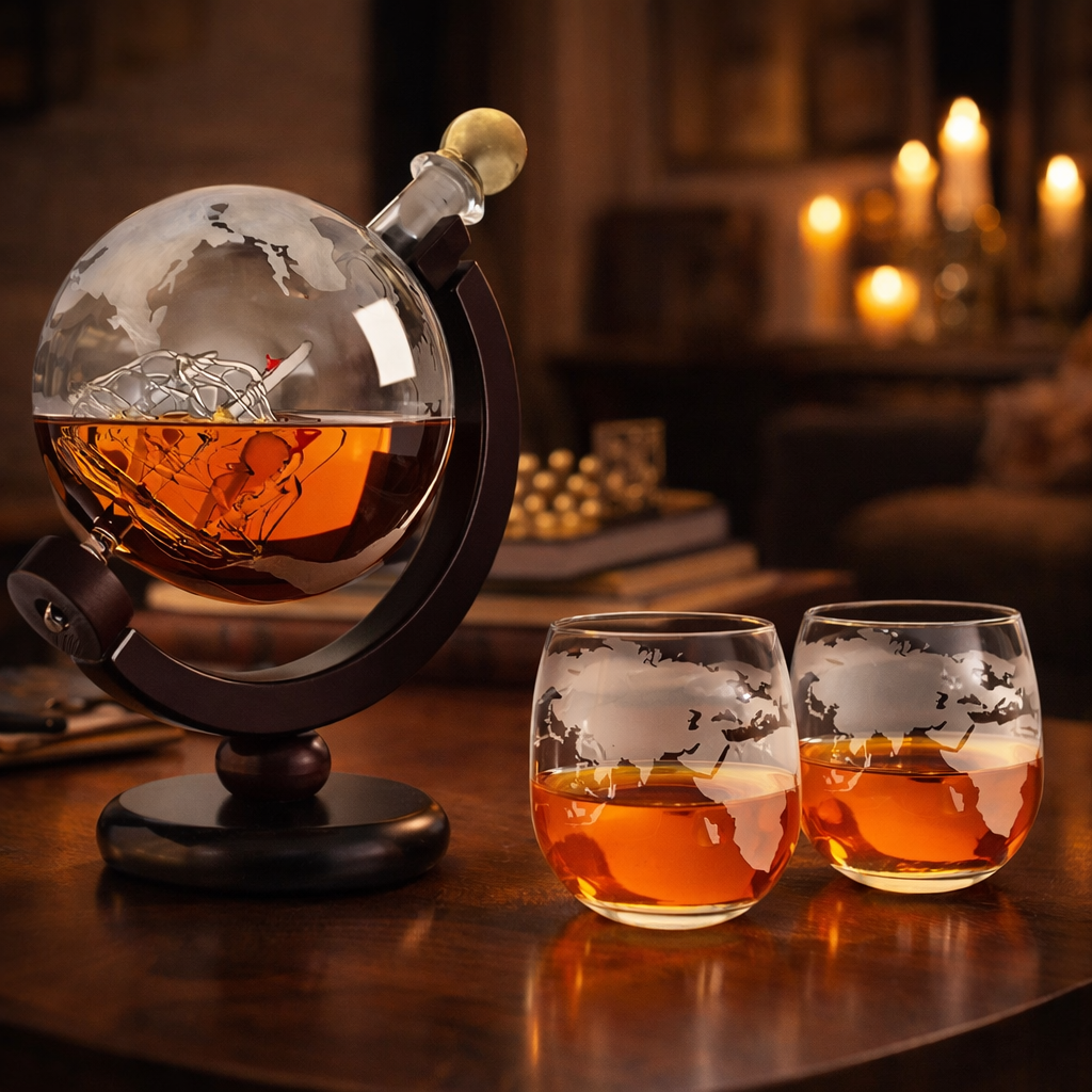 Világtérképes whisky dekanter poharakkal