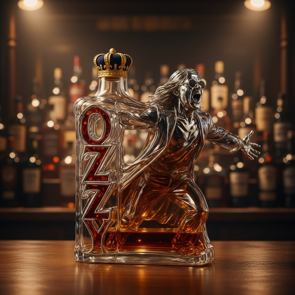 Rocklegendát formázó whisky dekanter kerek szemüveggel