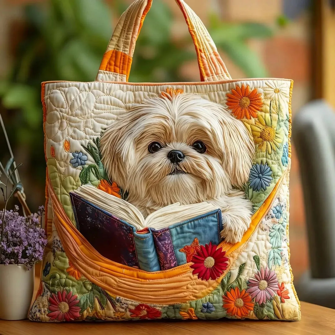 Steppelt táska hímzett Shih Tzu kutyával és könyvekkel