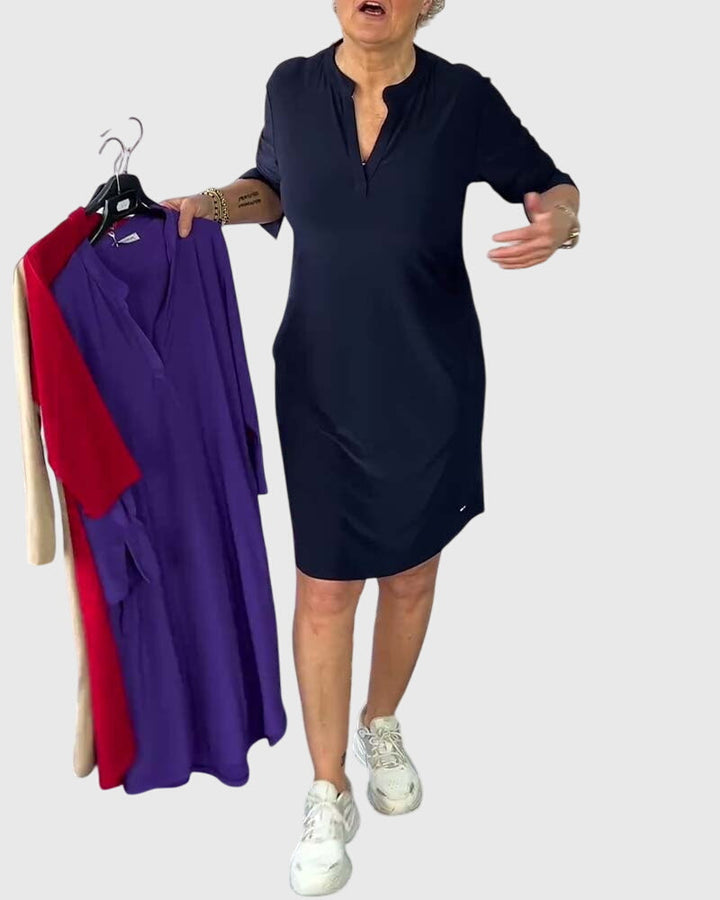 Egyszínű V-nyakú minimalista ruha – 4. kép