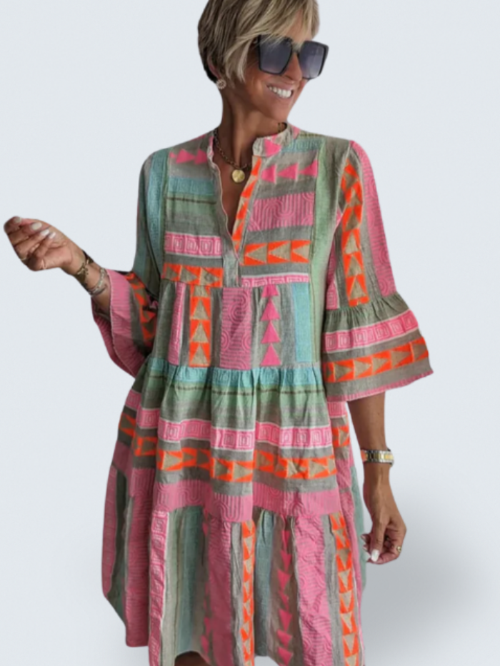 Színes geometrikus mintás boho midi ruha