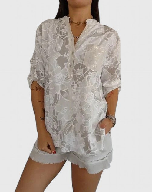 Virágmintás félhosszú ujjú női blúz – 6. kép