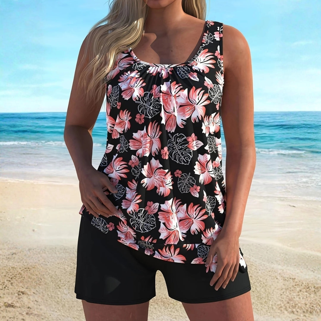Fekete virágmintás tankini szett boxer alsóval