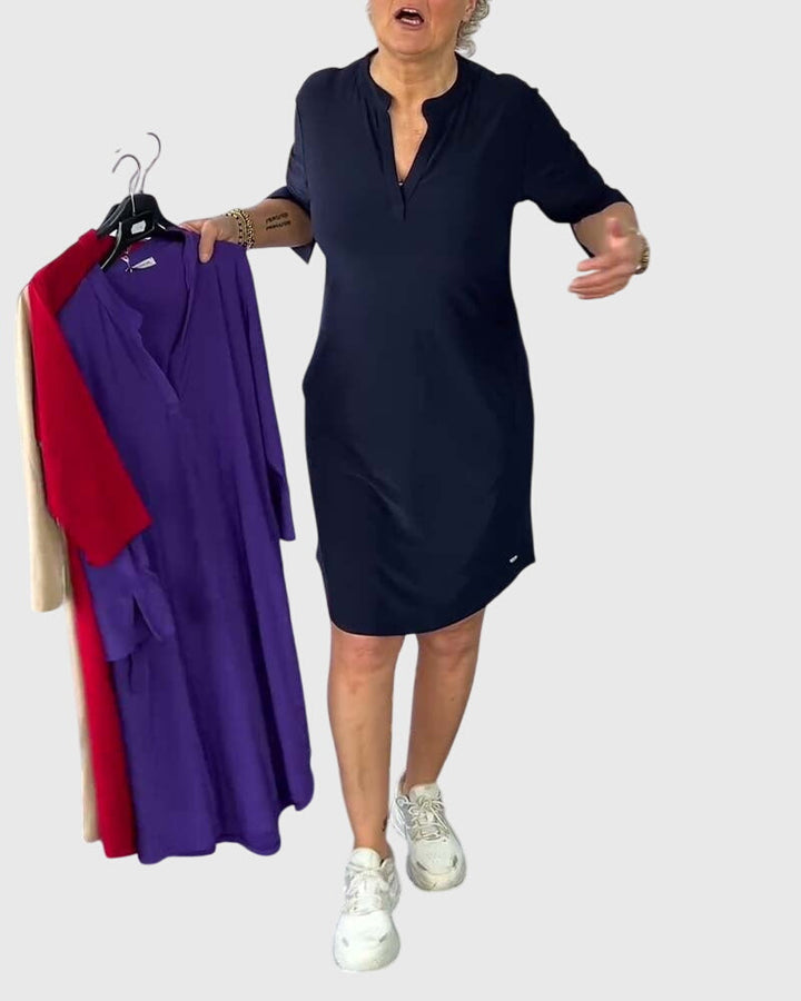 Egyszínű V-nyakú minimalista ruha – 5. kép
