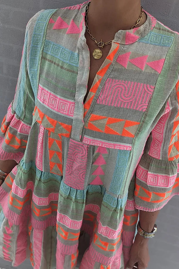 Színes geometrikus mintás boho midi ruha – 5. kép