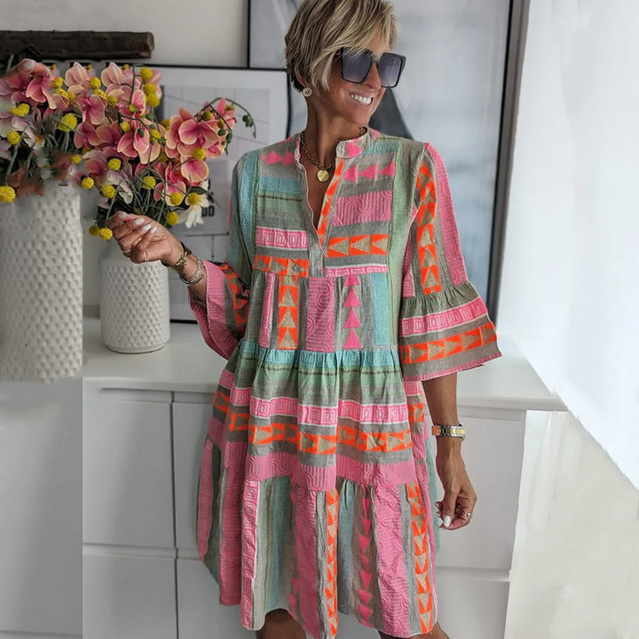 Színes geometrikus mintás boho midi ruha – 3. kép