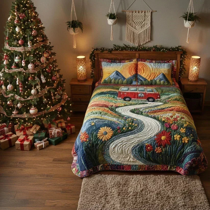 Vintage utazás mintás hímzett ágytakaró két díszpárnahuzattal – 3. kép
