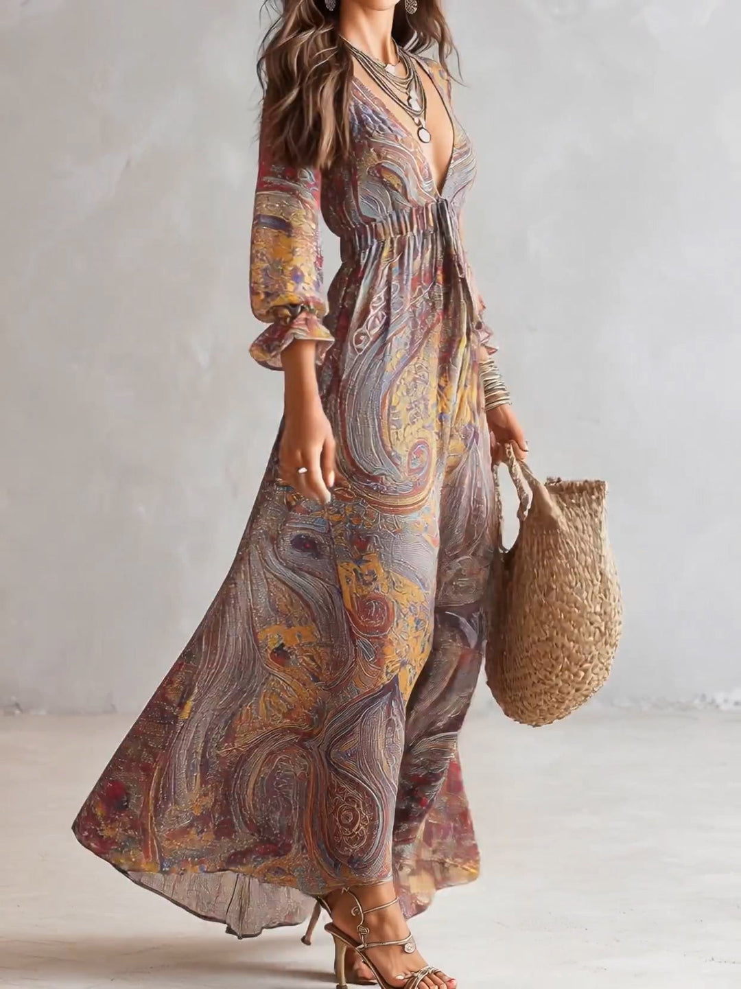 Többszínű paisley mintás V-nyakú maxi ruha – 3. kép