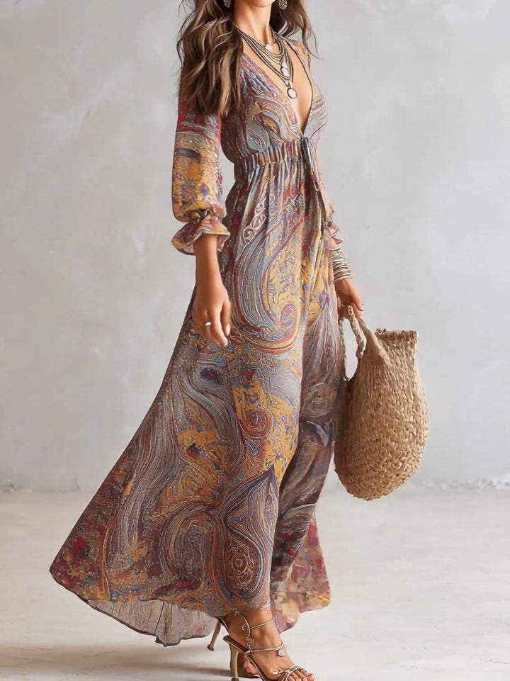 Többszínű paisley mintás V-nyakú maxi ruha – 3. kép