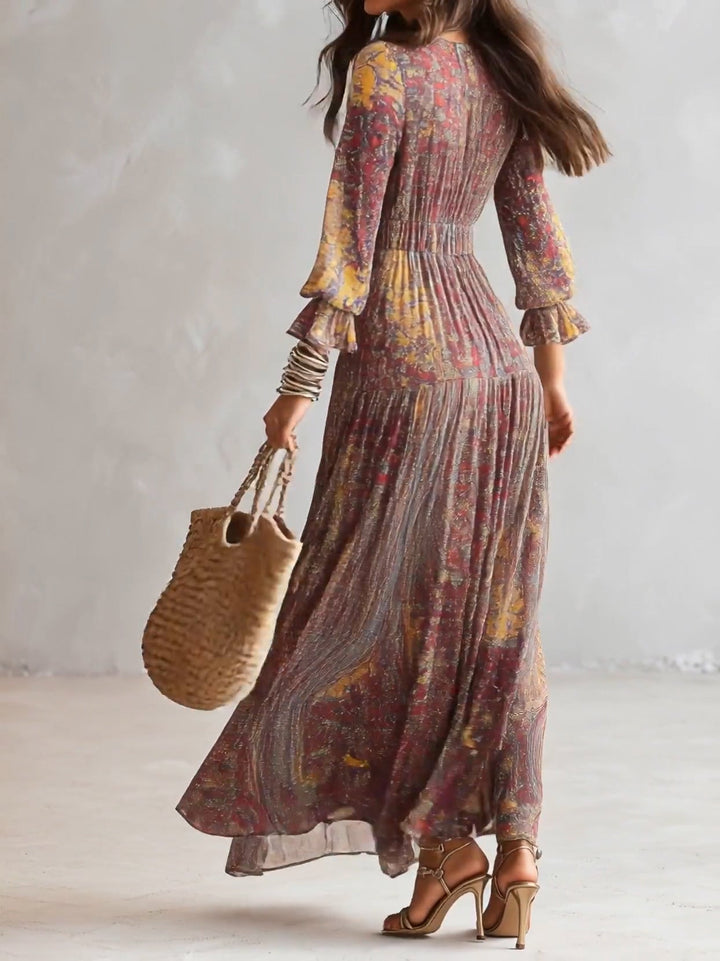 Többszínű paisley mintás V-nyakú maxi ruha – 4. kép