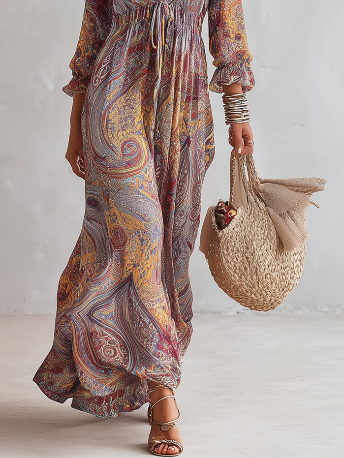 Többszínű paisley mintás V-nyakú maxi ruha – 6. kép