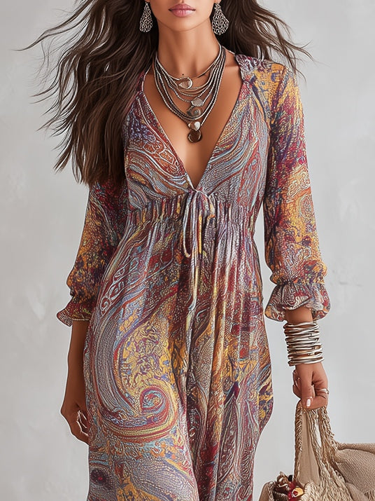 Többszínű paisley mintás V-nyakú maxi ruha – 5. kép