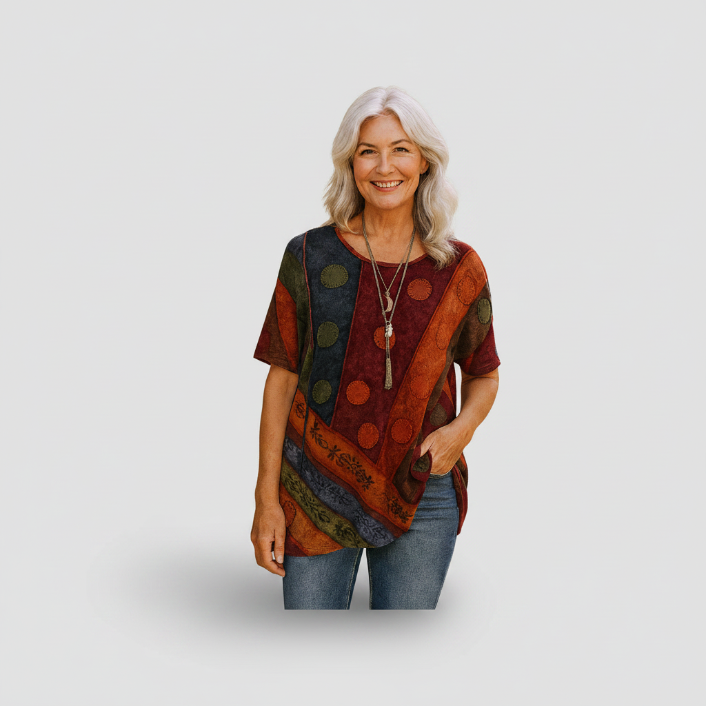 Boho mintás drapériás póló könyékig érő ujjal – 3. kép