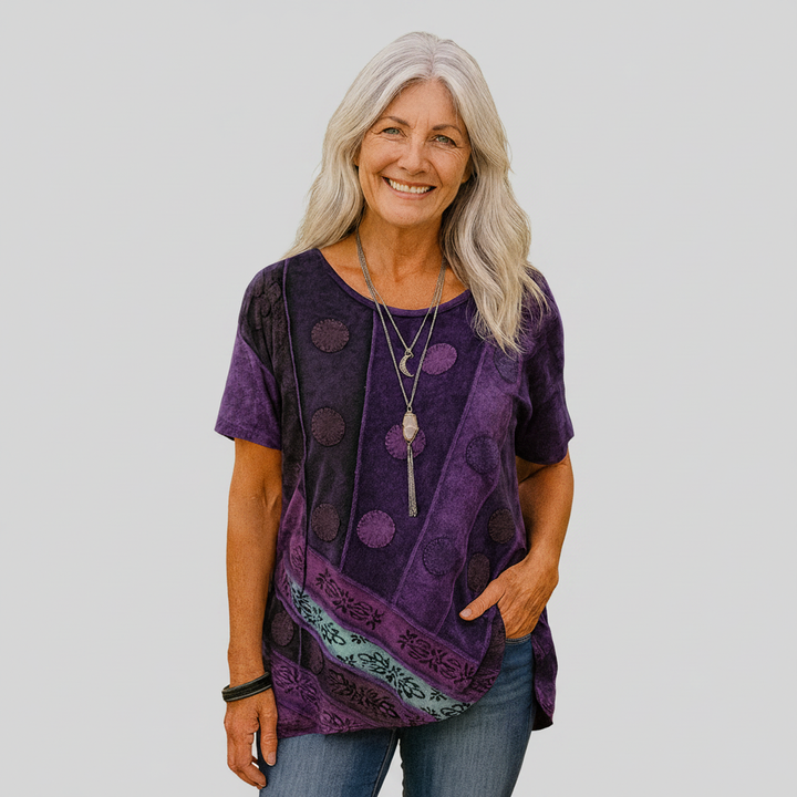 Boho mintás drapériás póló könyékig érő ujjal – 2. kép