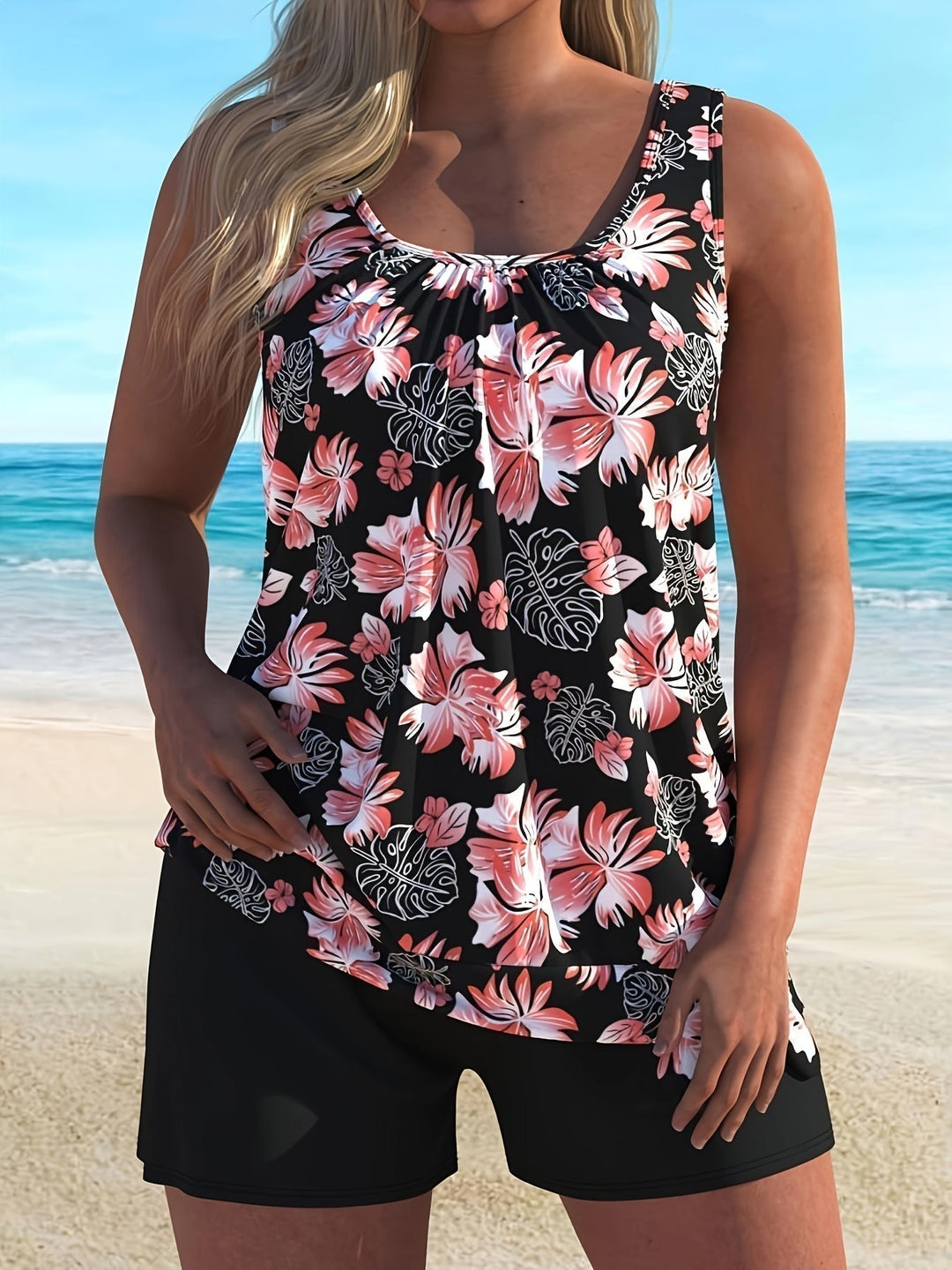 Fekete virágmintás tankini szett boxer alsóval – 2. kép