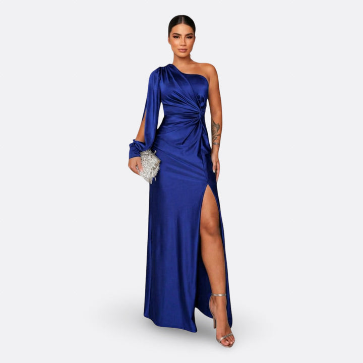 Aszimmetrikus elegáns maxi ruha drapériával – 15. kép