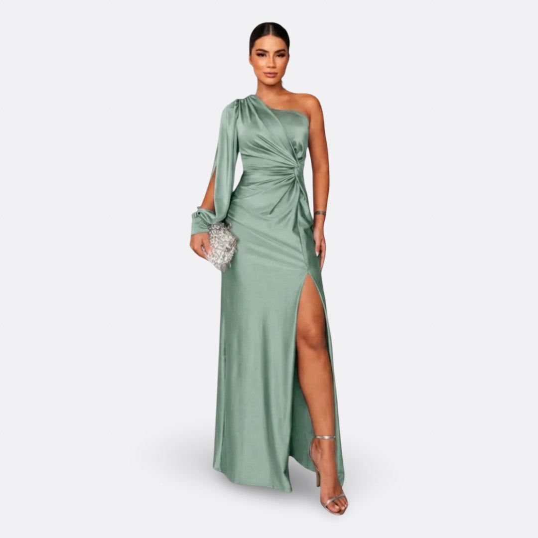 Aszimmetrikus elegáns maxi ruha drapériával – 5. kép