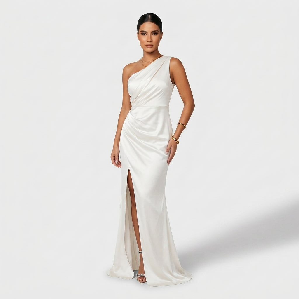 Aszimmetrikus elegáns maxi ruha drapériával – 5. kép