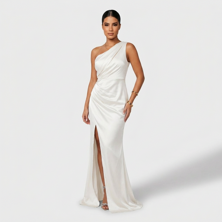 Aszimmetrikus elegáns maxi ruha drapériával – 5. kép