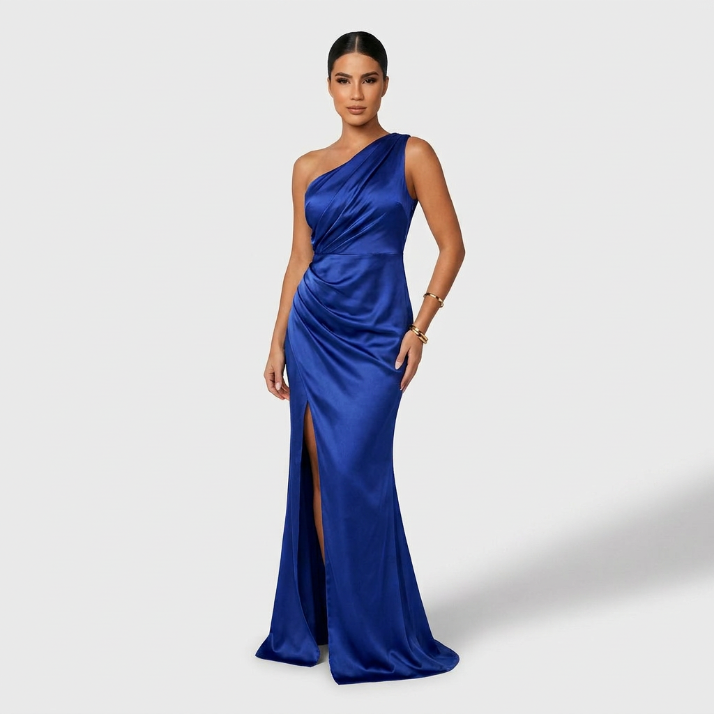 Aszimmetrikus elegáns maxi ruha drapériával – 10. kép