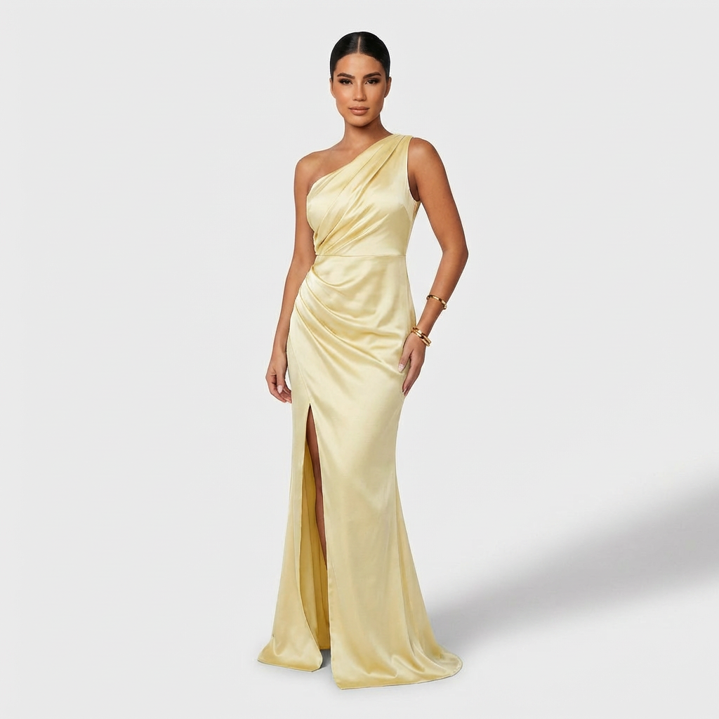 Aszimmetrikus elegáns maxi ruha drapériával – 11. kép