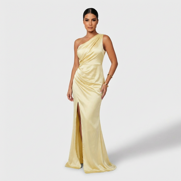 Aszimmetrikus elegáns maxi ruha drapériával – 11. kép