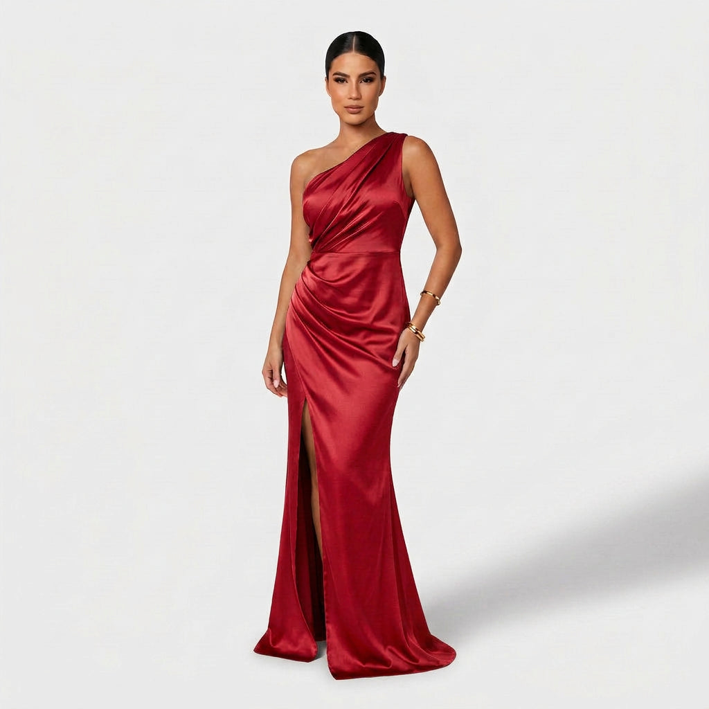 Aszimmetrikus elegáns maxi ruha drapériával – 9. kép