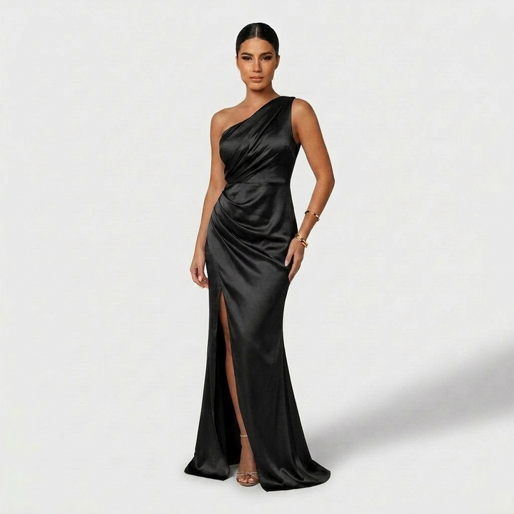Aszimmetrikus elegáns maxi ruha drapériával – 3. kép