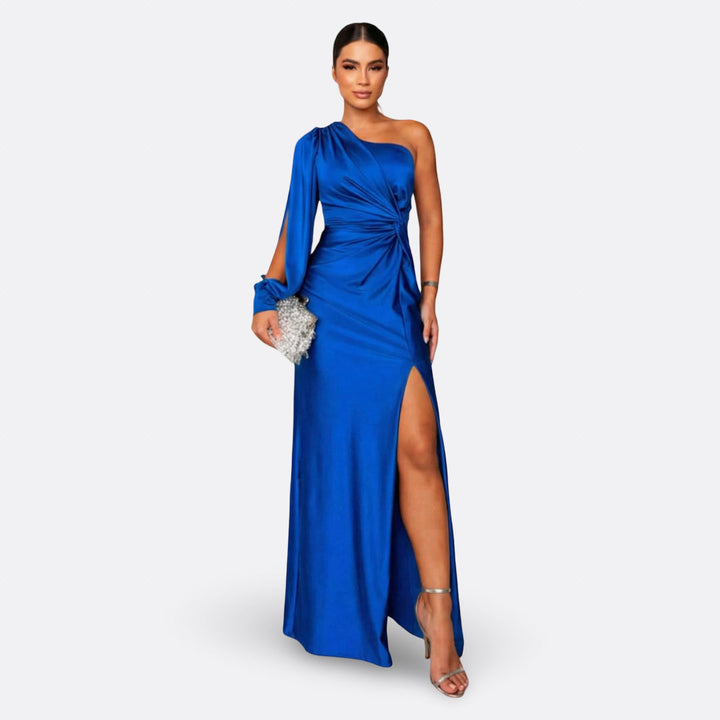 Aszimmetrikus elegáns maxi ruha drapériával – 7. kép