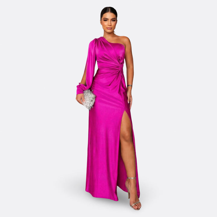 Aszimmetrikus elegáns maxi ruha drapériával – 13. kép