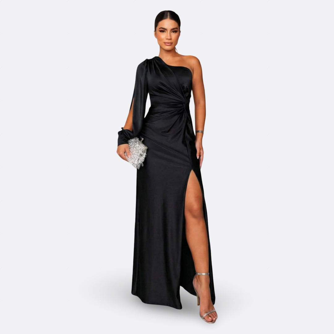 Aszimmetrikus elegáns maxi ruha drapériával – 3. kép