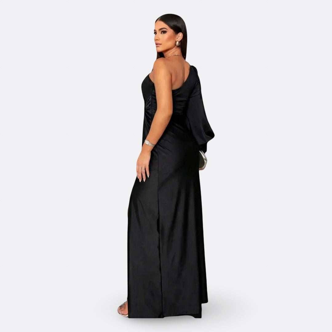 Aszimmetrikus elegáns maxi ruha drapériával – 4. kép