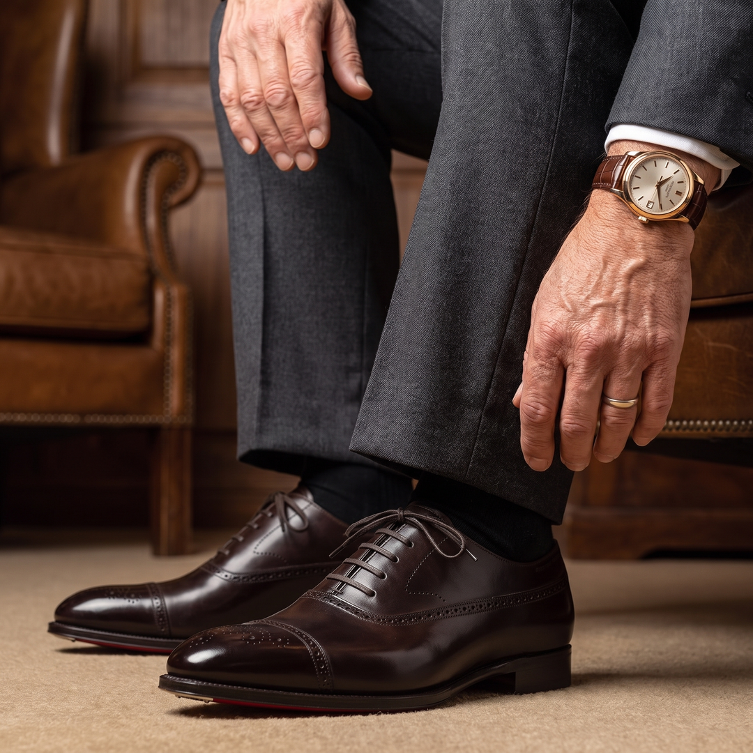Klasszikus férfi oxford brogue cipő piros talppal – 2. kép