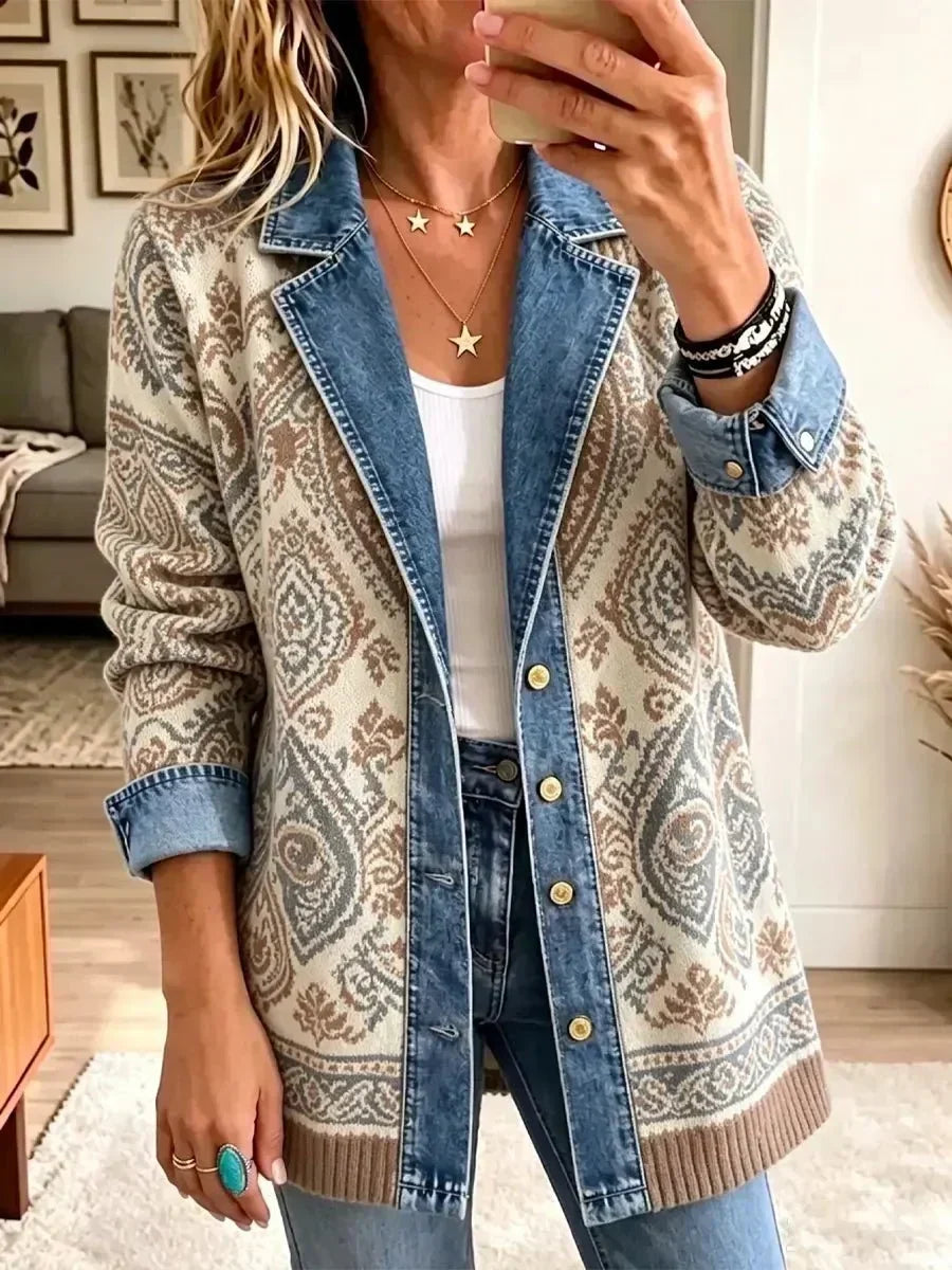 Bézs retro boho foltvarrott dzseki