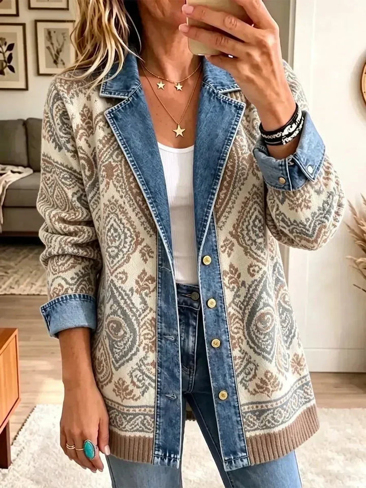 Bézs retro boho foltvarrott dzseki