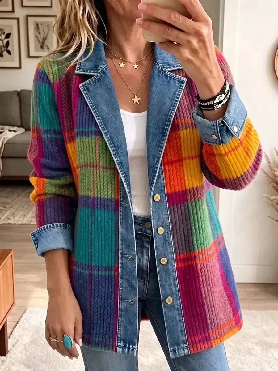 Többszínű, kockás patchwork vintage dzseki