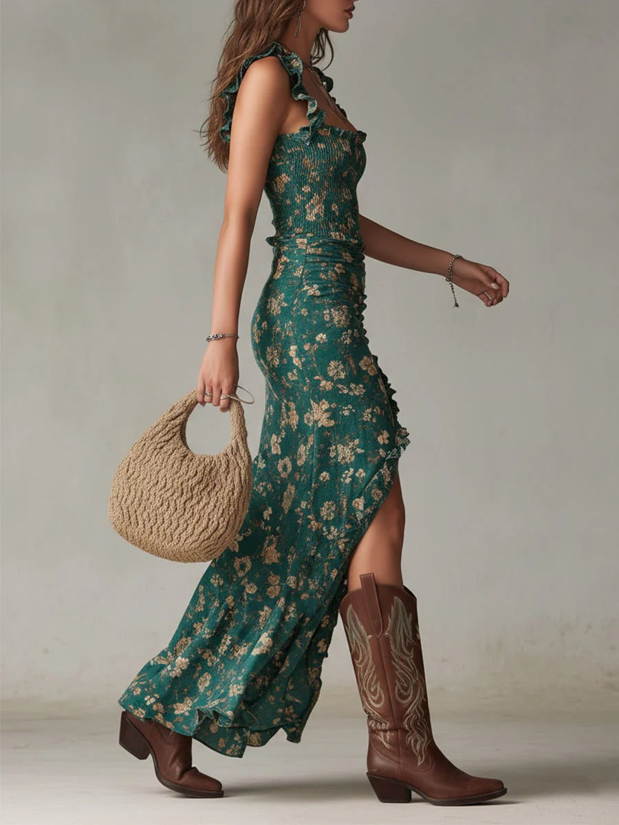 Retró mintás boho maxi ruha buggyos ujjal és oldalsó sliccel – 3. kép