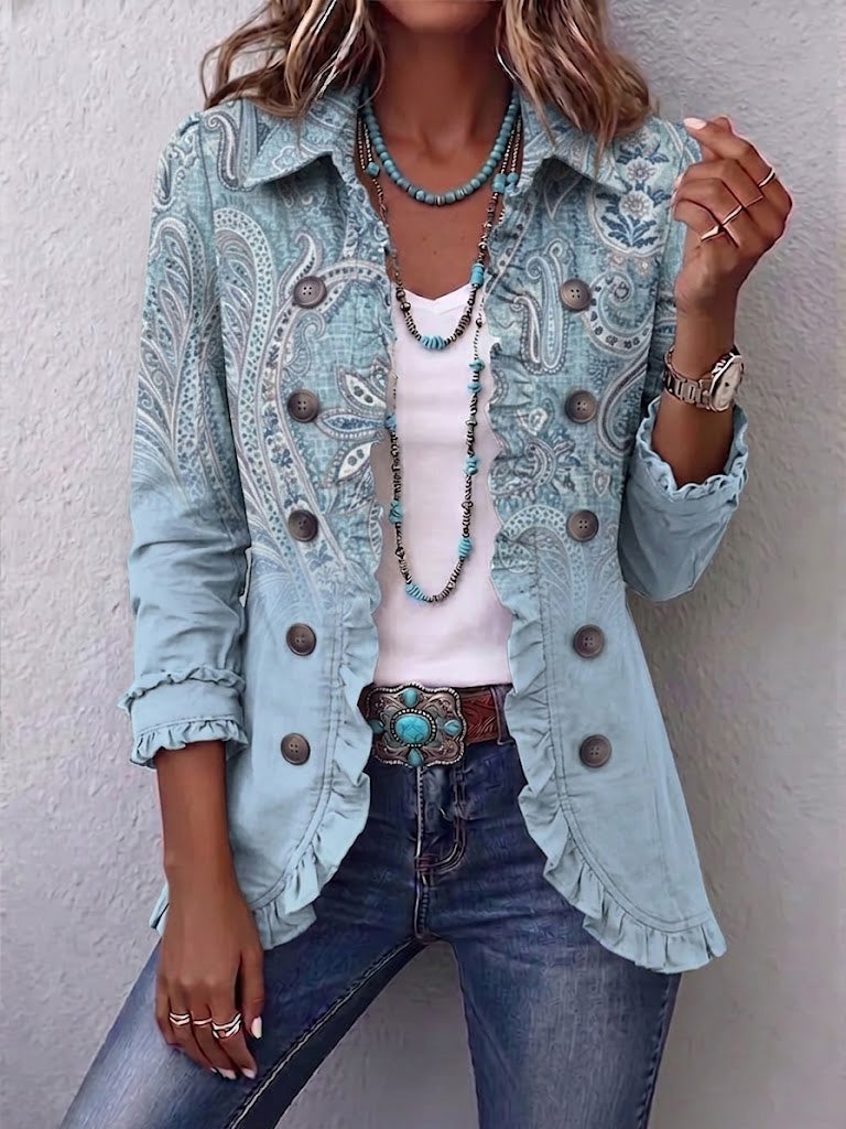 Égkék vintage paisley fodros blézer